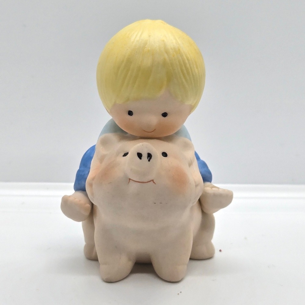 Vintage 1982 Enesco Dear God Kids Figurine Boy Riding Pig Piggyback
